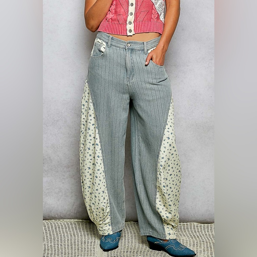 POL “ Front Row Fields “ Patchwork Barrel Pants | Denim Floral